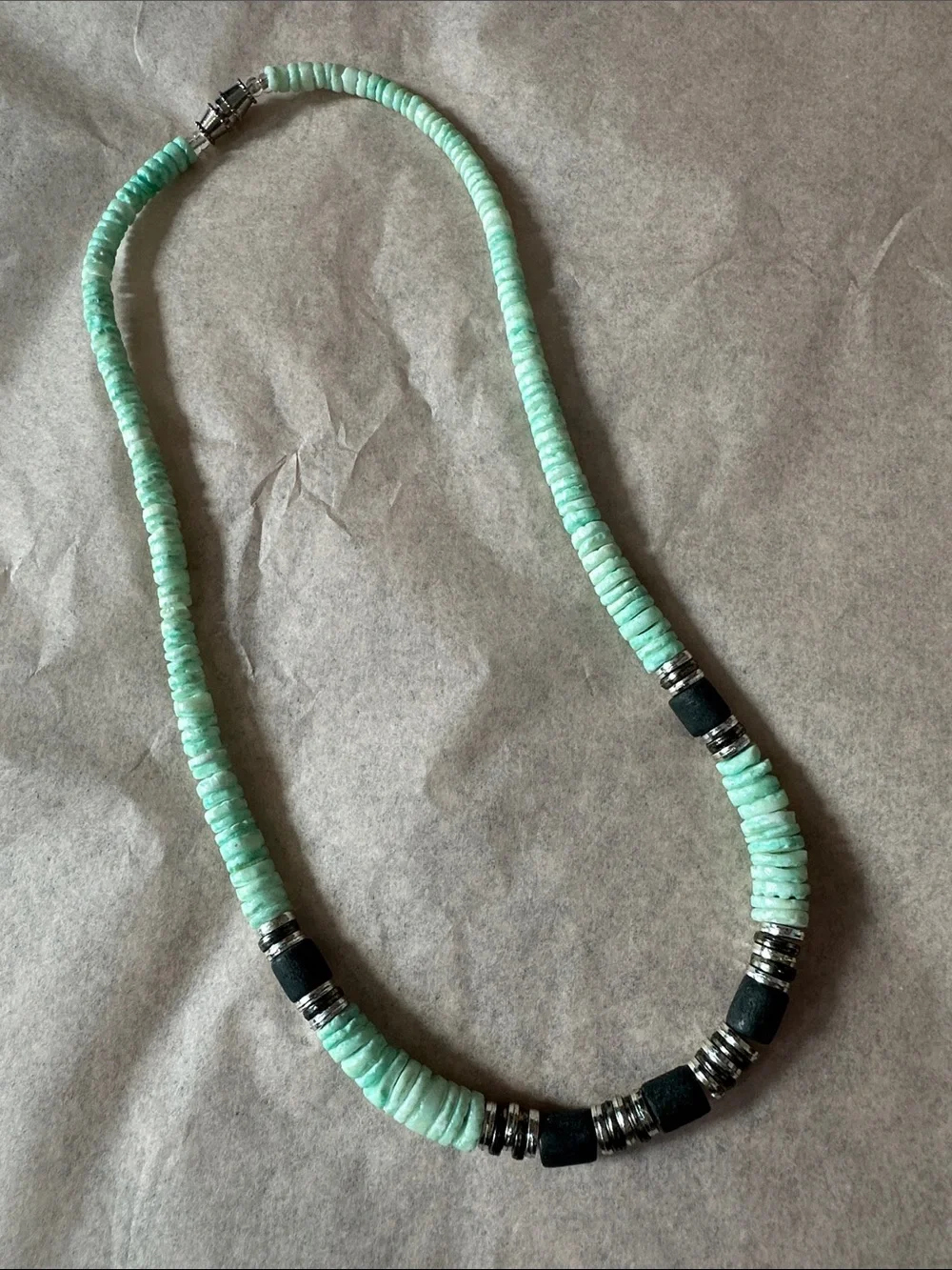 Mint Green Beaded Necklace with Black & Silver Accents - Women's Jewelry